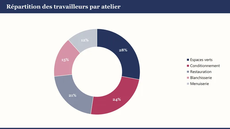 Graphique en anneau de la répartition par atelier, charte : bleu nuit et framboise, titres en georgia.
